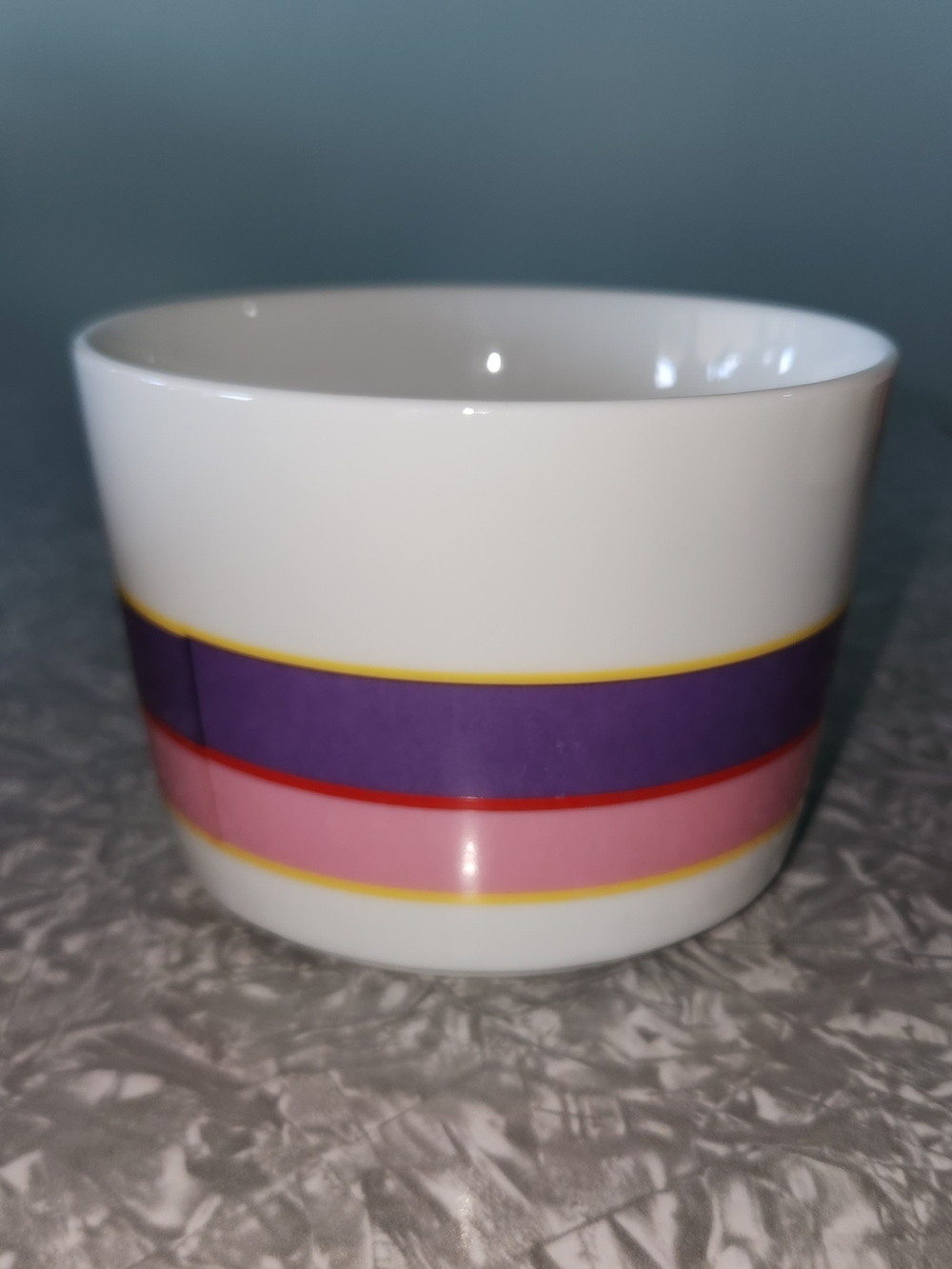 White Ceramic Vase with Purple and Pink Stripes
